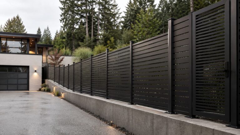 Black horizontal slat metal fence running along a sloped concrete retaining wall beside a modern home driveway