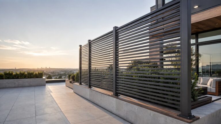 Horizontal slat privacy screen dividing a rooftop terrace at sunset