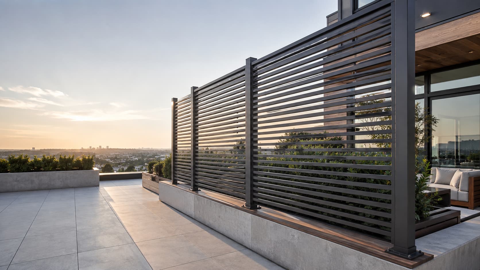 Horizontal slat privacy screen dividing a rooftop terrace at sunset