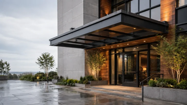 Cantilevered steel entrance canopy over the glazed lobby doors of a concrete building