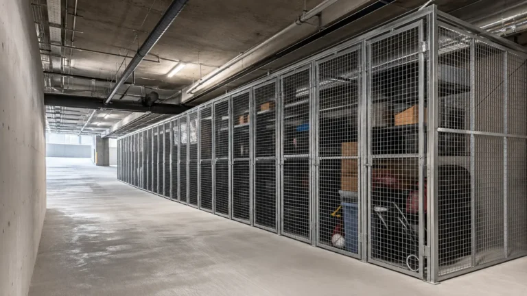 Row of galvanized mesh tenant storage cages in a concrete parkade