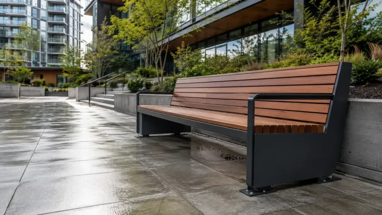 Steel and timber slat bench on a wet plaza in front of a landscaped residential building