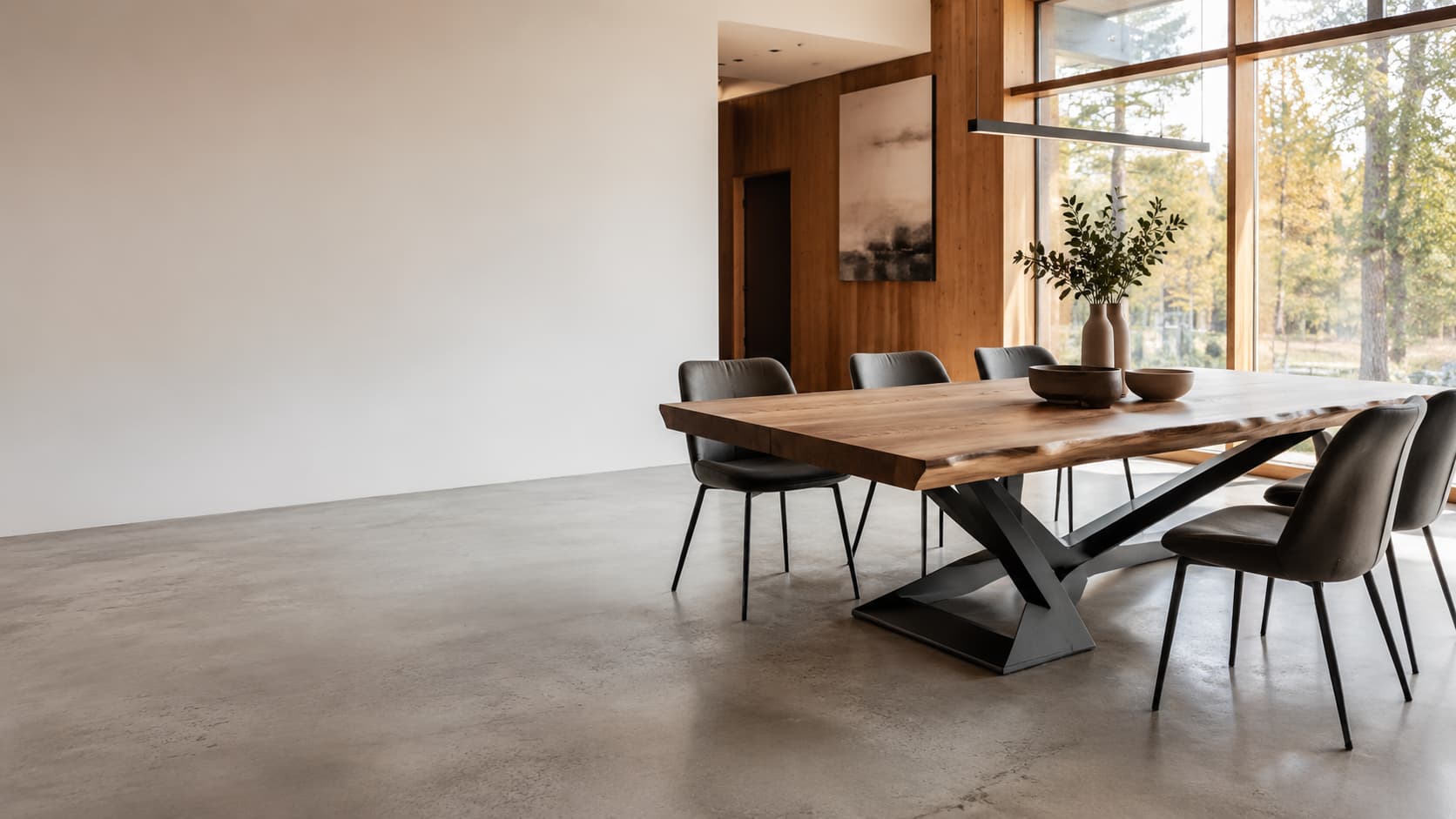 Live-edge timber dining table on a sculptural blackened steel base in a modern dining room with floor-to-ceiling windows