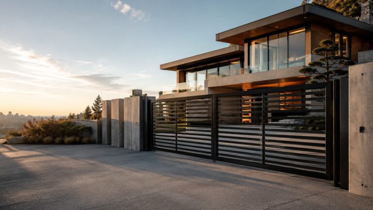 Black horizontal-slat steel driveway gate and matching pedestrian gate set between board-formed concrete piers at a modern West Coast home at sunset