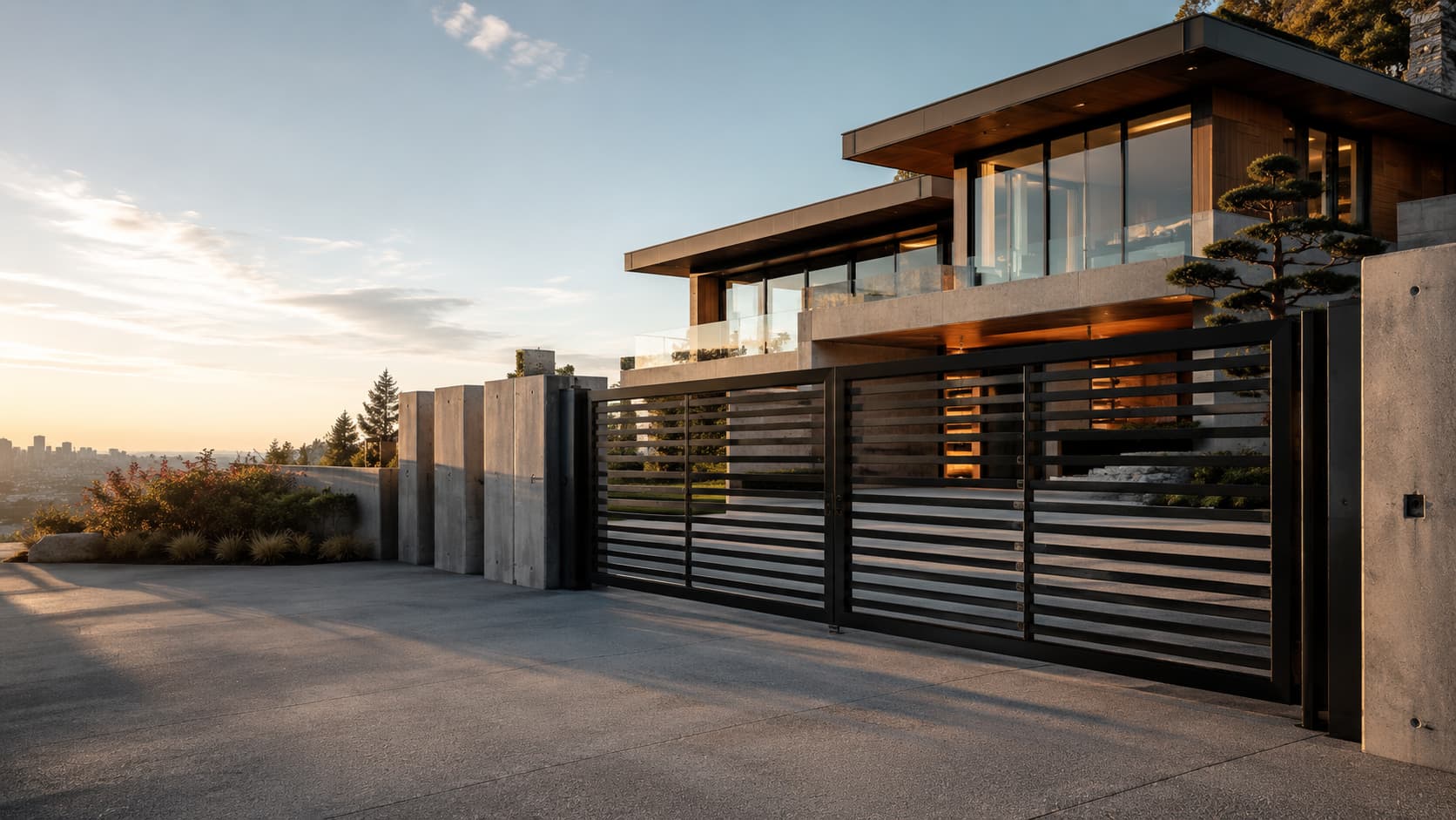 Black horizontal-slat steel driveway gate and matching pedestrian gate set between board-formed concrete piers at a modern West Coast home at sunset