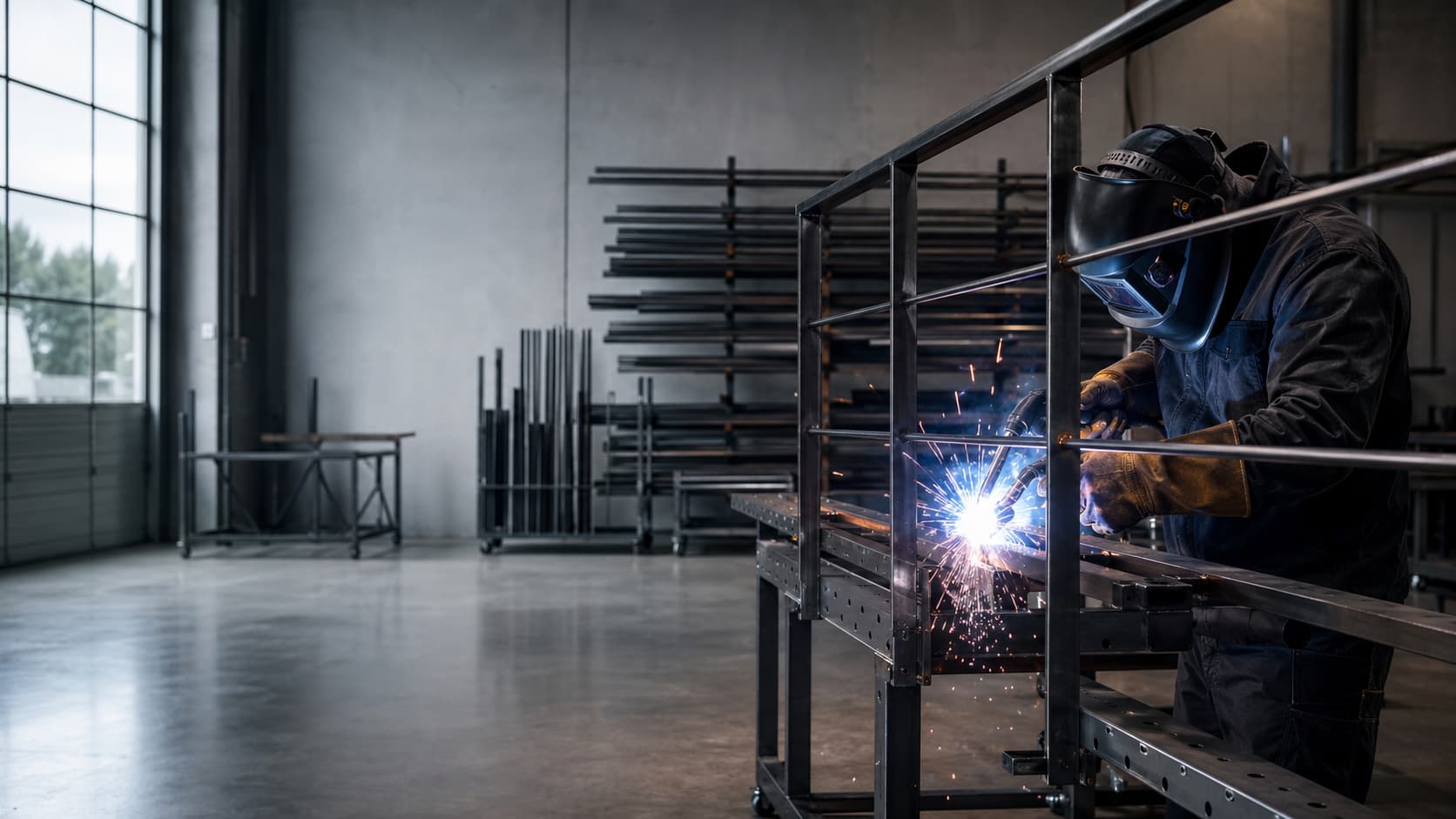 Welder in a protective helmet MIG welding a steel railing frame on a fabrication table, sparks flying, with steel stock racks in the background
