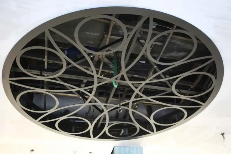 Circular steel ceiling feature with interlocking rings and concealed lighting