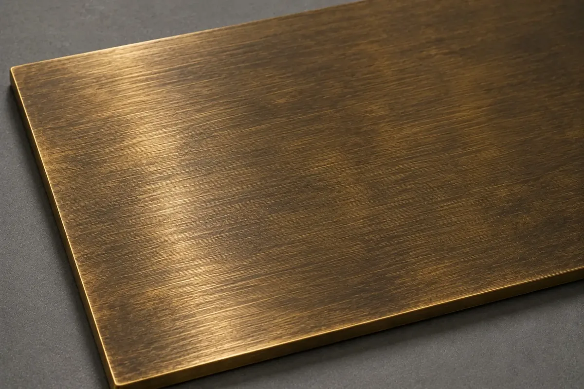 Antique brass finish, deep brown gold with the raised areas relieved to brighter brass