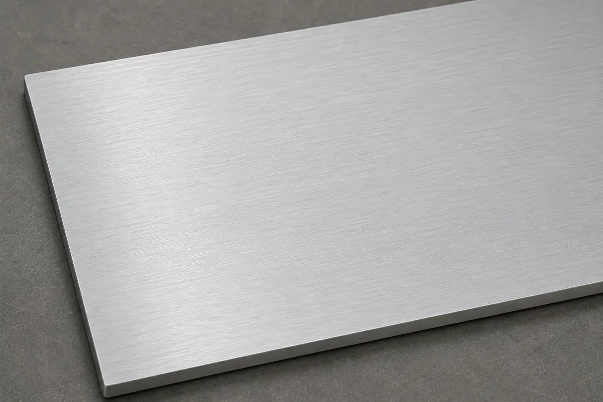 Clear anodized aluminum, light neutral silver grey with a fine mill grain