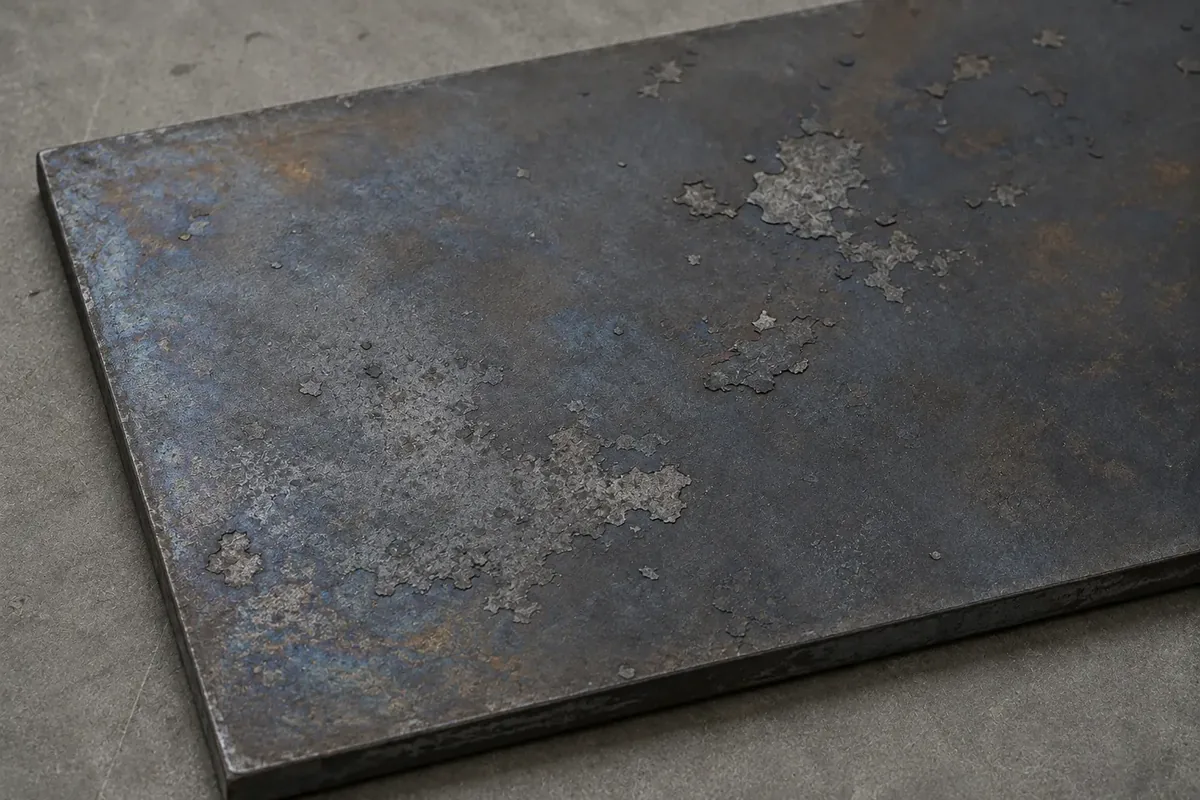 Raw hot rolled steel plate showing blue grey mill scale, partly flaked away