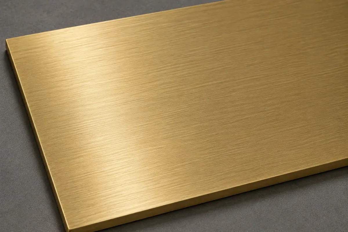 Solid brass with a satin brushed finish, warm golden directional grain