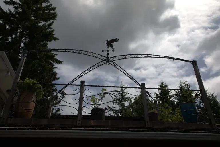 Forged arched trellis frame spanning a deck railing, with a bird weathervane at the apex