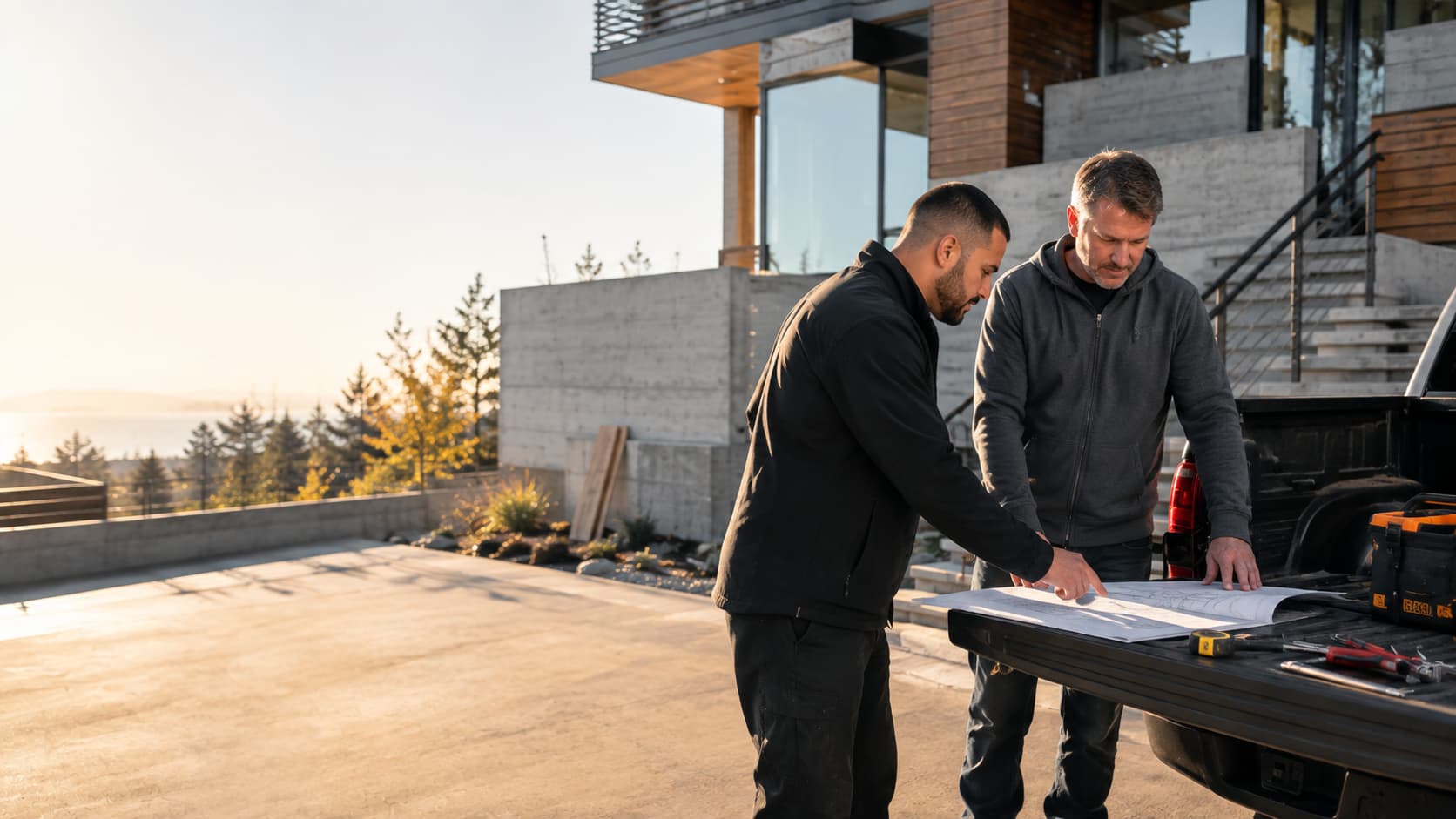 TrussMetal fabricator and a homeowner reviewing a shop drawing spread on a truck tailgate at a hillside job site, tape measure and tools beside them