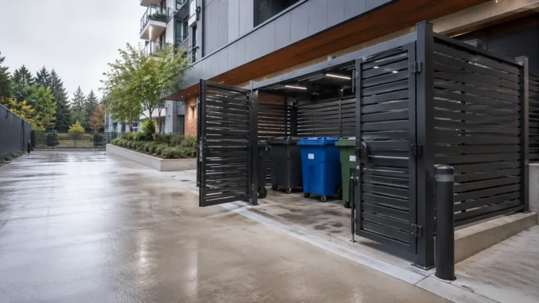 Black horizontal slat garbage and recycling enclosure with open gates and bins beside a residential building