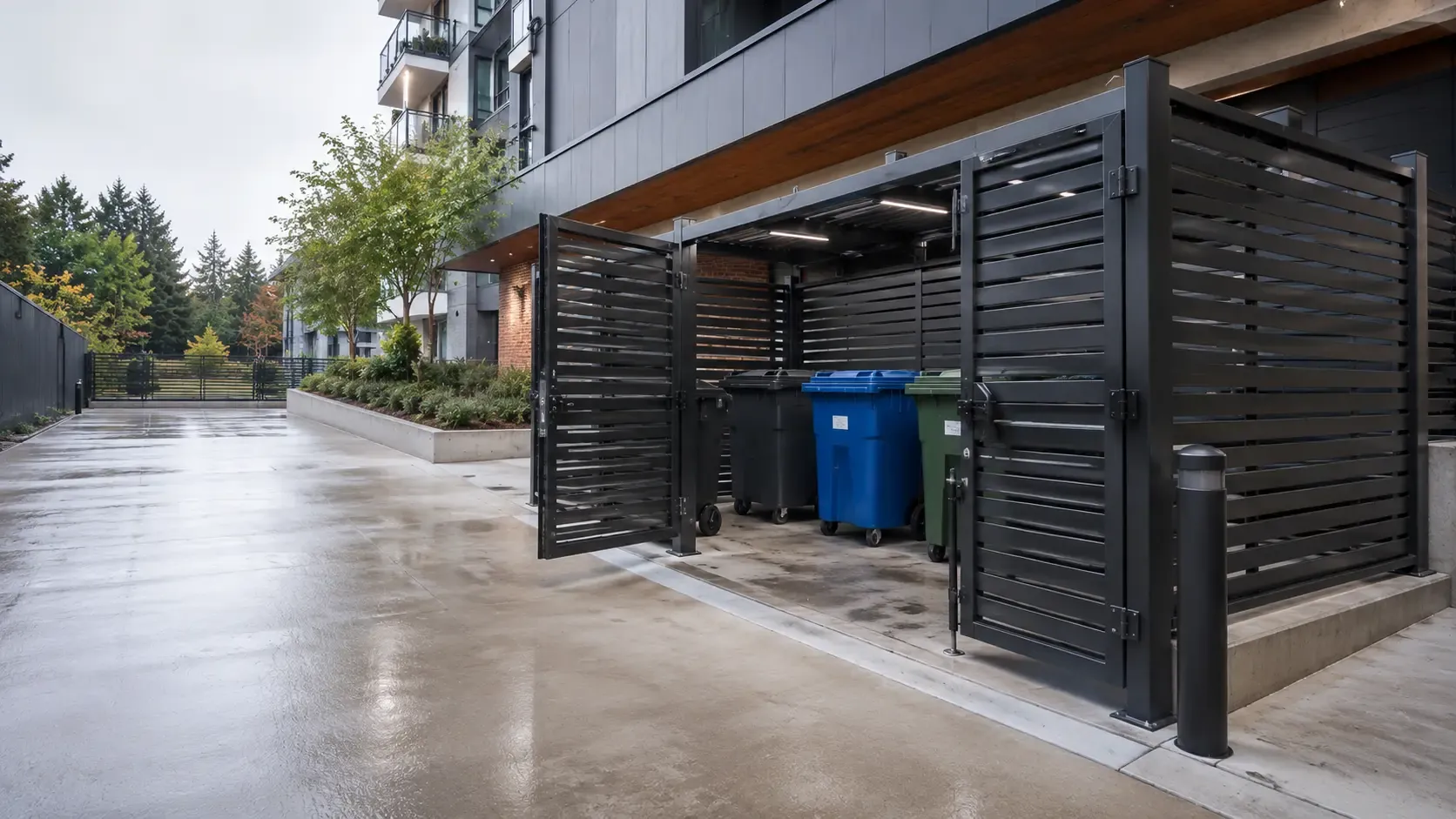 Black horizontal slat garbage and recycling enclosure with open gates and bins beside a residential building