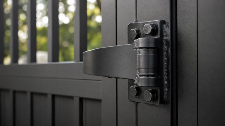 Close-up of a welded heavy-duty steel gate hinge bolted to a black powder-coated gate post, showing the weld bead and hex fasteners