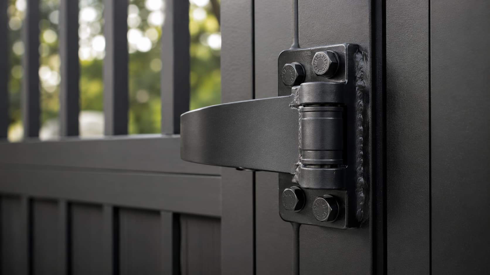 Close-up of a welded heavy-duty steel gate hinge bolted to a black powder-coated gate post, showing the weld bead and hex fasteners