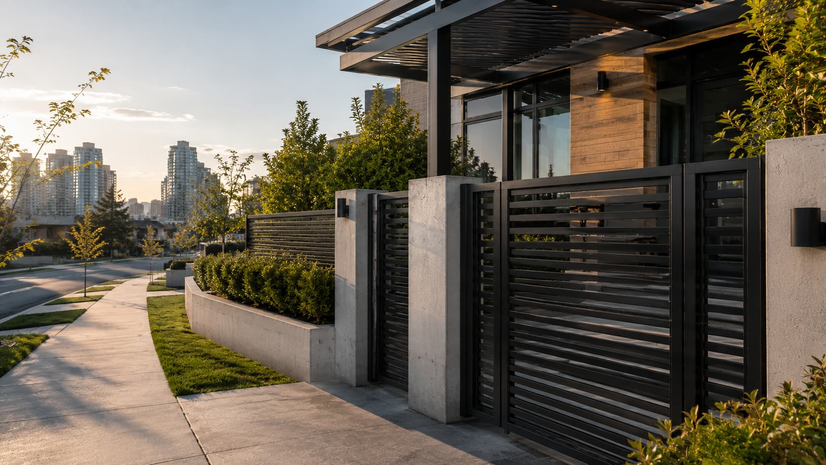 Black horizontal-slat steel gate and privacy screen along a Burnaby sidewalk, with high-rise towers visible down the street at sunset