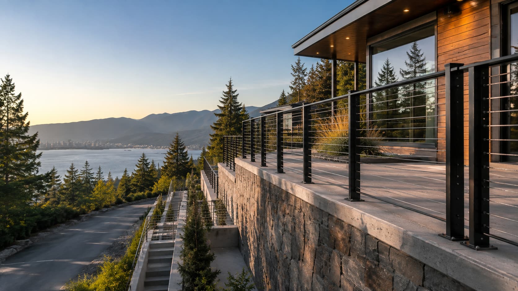 Black steel cable-infill deck railing running along a North Vancouver hillside home, with Burrard Inlet and the city skyline in the distance