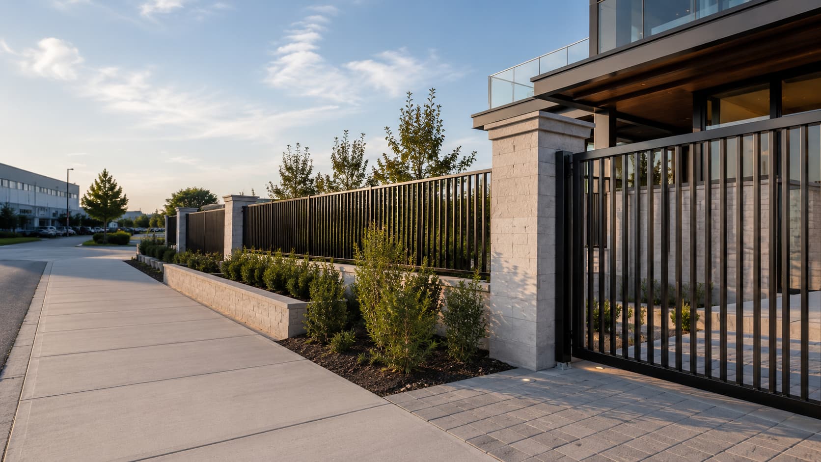 Black steel picket fence and sliding gate on stone piers along a Richmond commercial frontage, with a low industrial building and parking lot behind