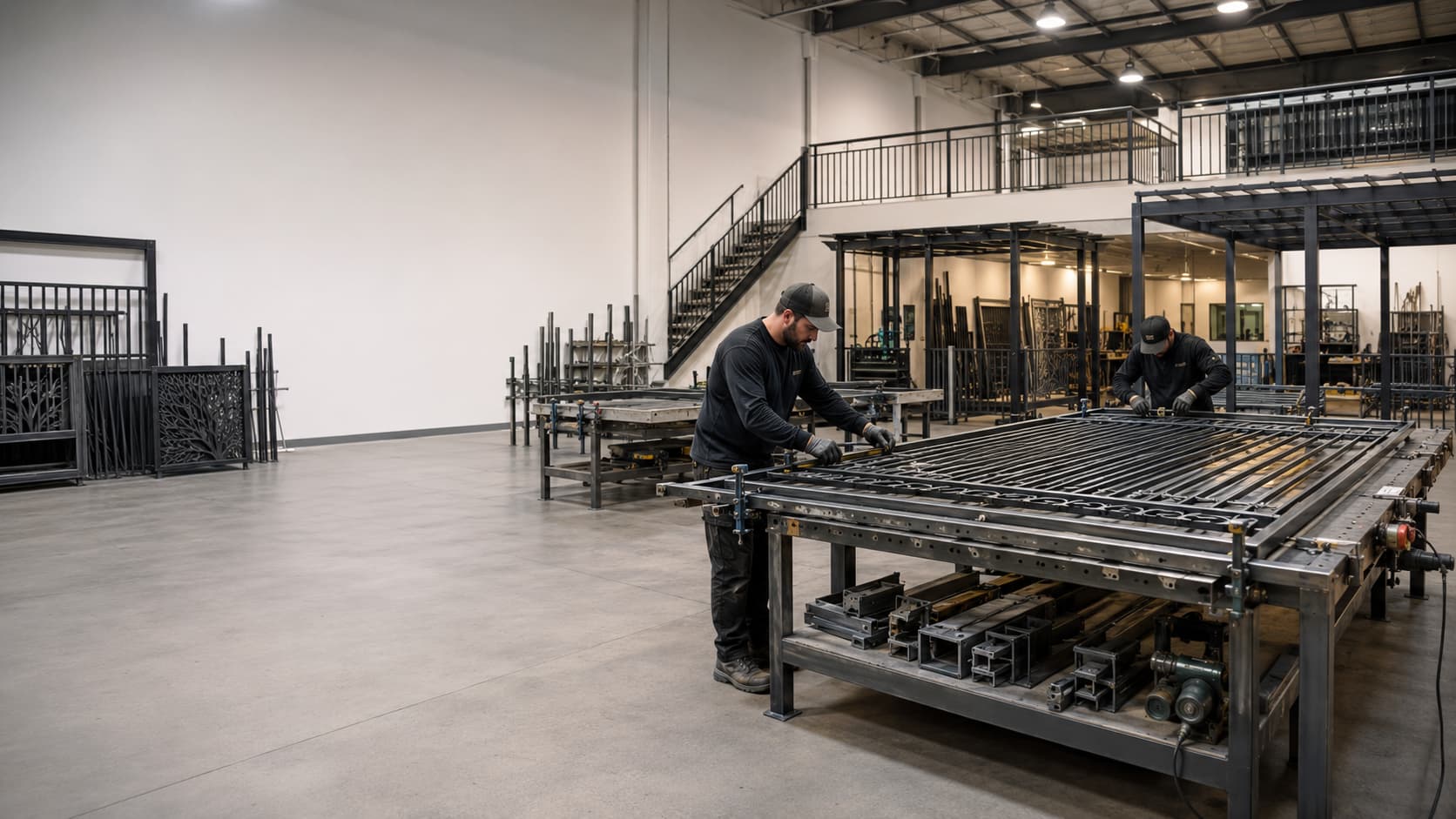 Two fabricators assembling an ornamental iron gate on a large welding table in a bright metal fabrication shop