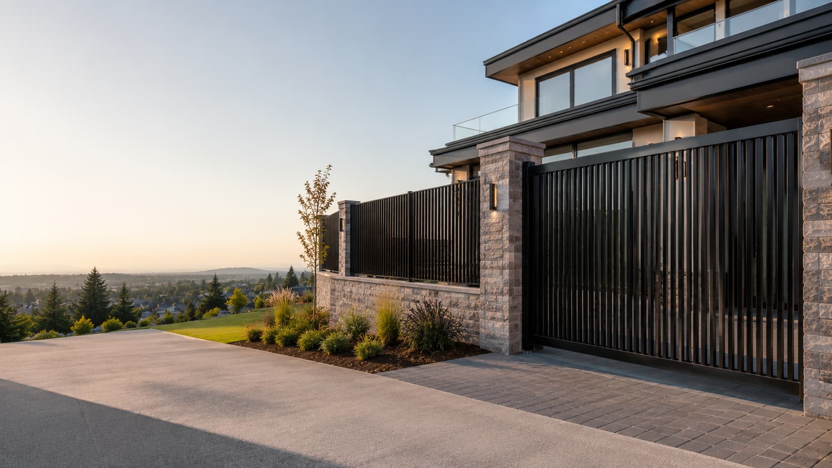 Black vertical-picket steel driveway gate and fence on stone piers at a Surrey home, overlooking rooftops and the valley at sunset