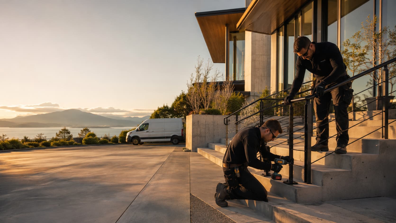 Two installers anchoring a black steel handrail to concrete steps at a modern North Shore home overlooking the water