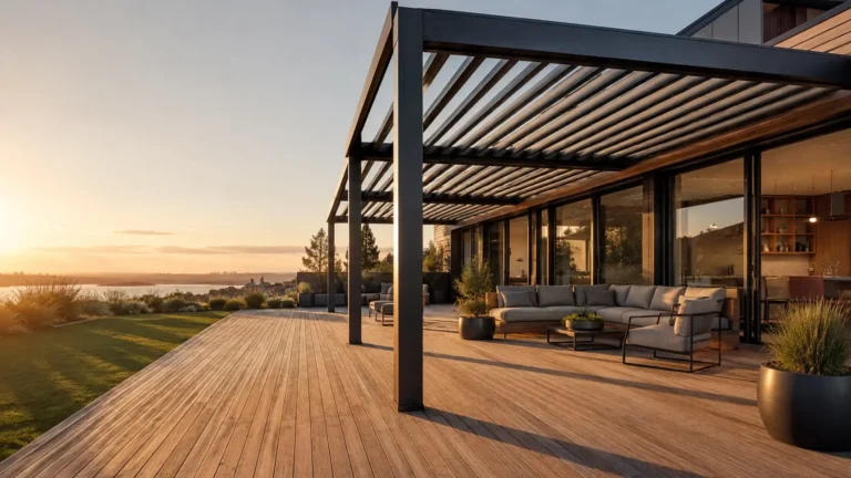 Black louvered metal pergola over a timber deck