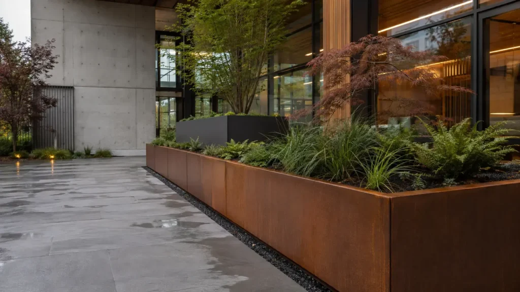 Corten steel and blackened steel planters with grasses and a Japanese maple along a covered walkway beside a modern building