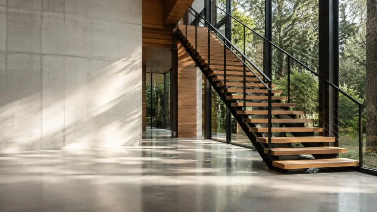 Open riser steel stair with timber treads in a concrete interior
