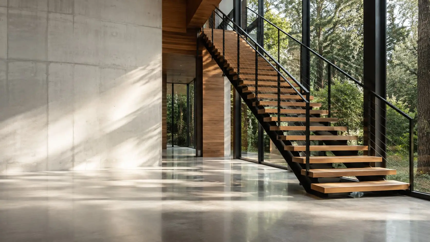 Black steel cable railing running up a floating oak staircase and along the mezzanine landing of a modern West Coast home