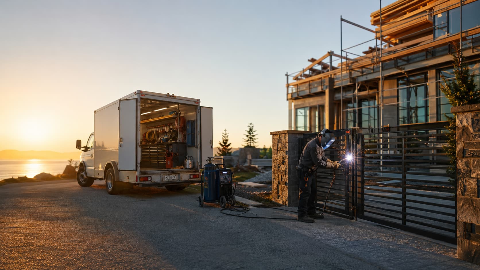 Mobile welder repairing a steel driveway gate on site at a North Shore home at sunset, with a service truck and portable welding unit parked nearby