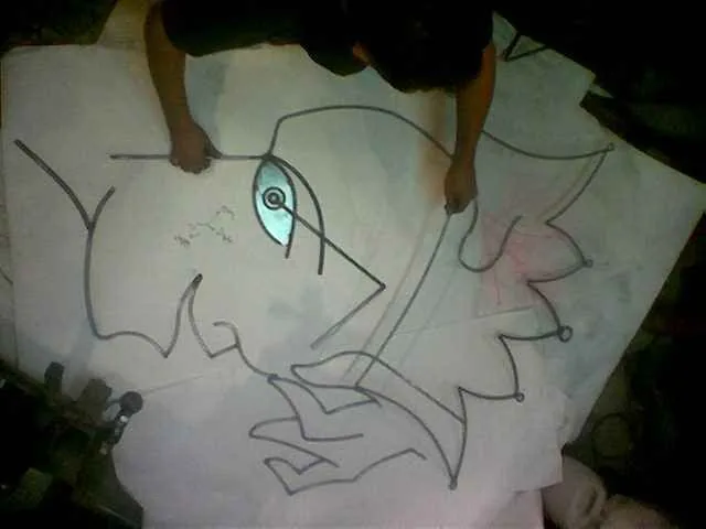 Original hand drawing of one of the figures, drawn in line before fabrication