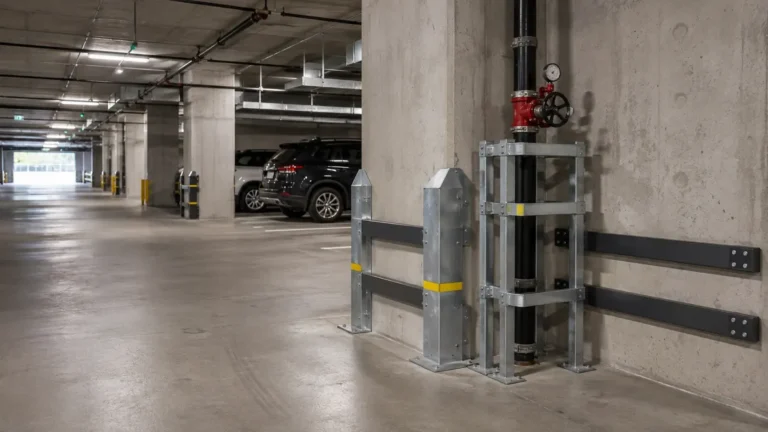 Galvanized pipe guard and black steel rub rails protecting a sprinkler riser and column in an underground parkade