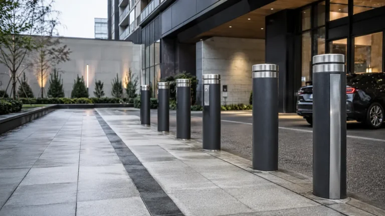 Row of black steel bollards with stainless caps lining a landscaped plaza entrance at dusk