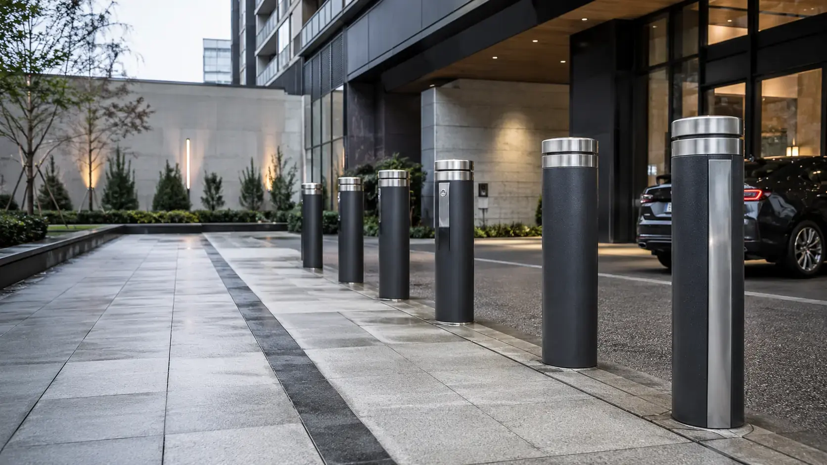 Row of black steel bollards with stainless caps lining a landscaped plaza entrance at dusk