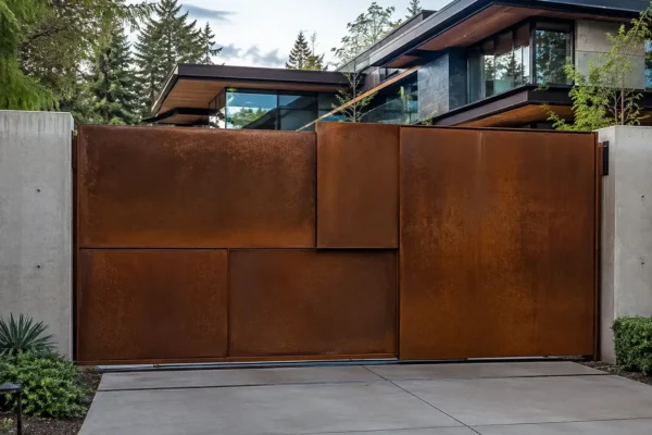 Corten weathering steel driveway gate design TM-GA-101. Staggered overlapping plate panels.