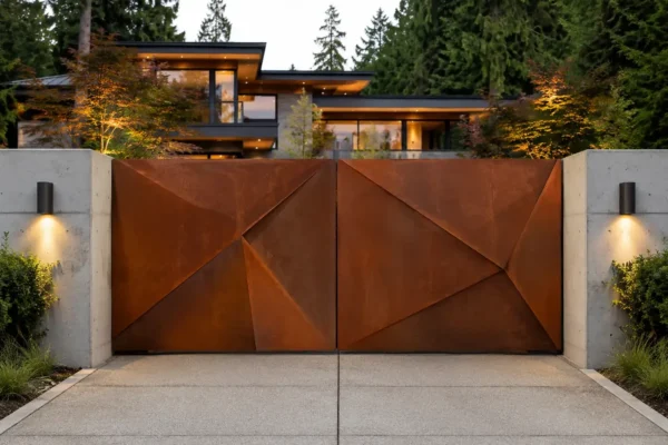 Corten weathering steel driveway gate design TM-GA-102. Faceted folded panels radiating from the centre.