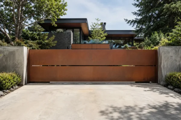 Corten weathering steel driveway gate design TM-GA-103. Flat face cut by two narrow horizontal slots.