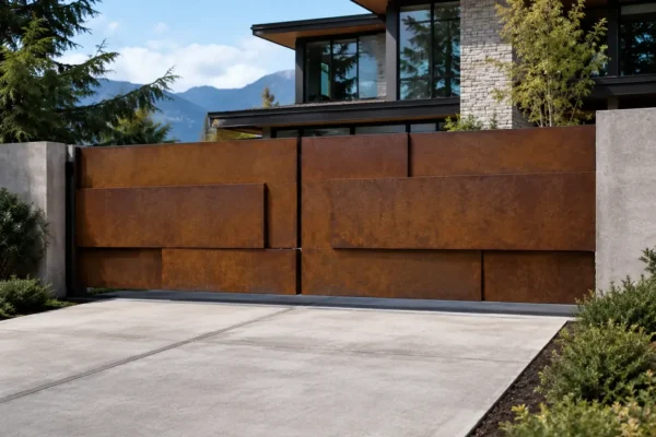 Corten weathering steel driveway gate design TM-GA-104. Horizontal banded panels of differing depths.
