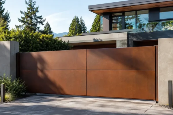 Corten weathering steel driveway gate design TM-GA-105. Single leaf with one continuous horizontal reveal.