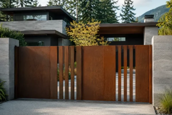 Corten weathering steel driveway gate design TM-GA-106. Narrow vertical slot openings through the centre.
