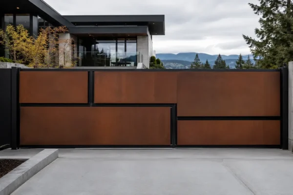 Corten weathering steel driveway gate design TM-GA-107. Stepped offset panels between concrete piers.