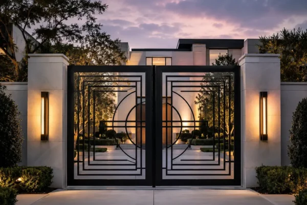 Art Deco geometric driveway gate design TM-GA-108. Central circle motif with stepped rectilinear bar work.