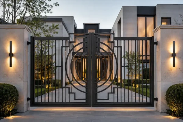 Art Deco geometric driveway gate design TM-GA-110. Large overlapping rings above a vertical bar field.