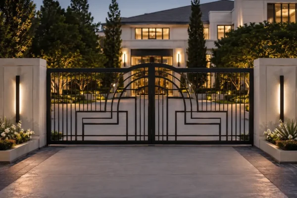 Art Deco geometric driveway gate design TM-GA-112. Arched centre motif framed by rectilinear infill.