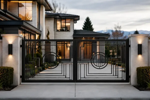 Art Deco geometric driveway gate design TM-GA-113. Twin circle motifs set into a linear geometric grid.