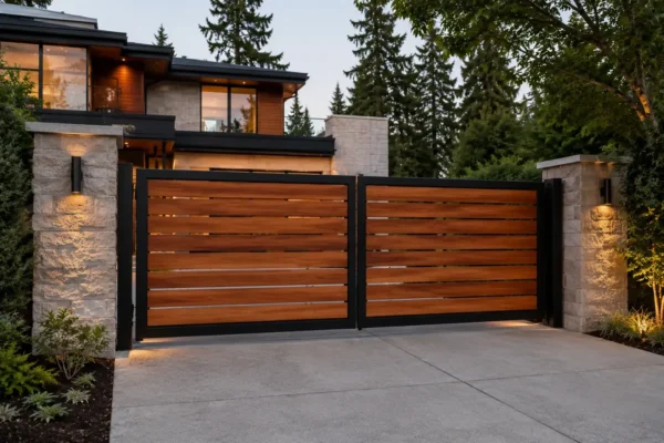 Horizontal slat driveway gate design TM-GA-114. Horizontal timber slats running the full width.