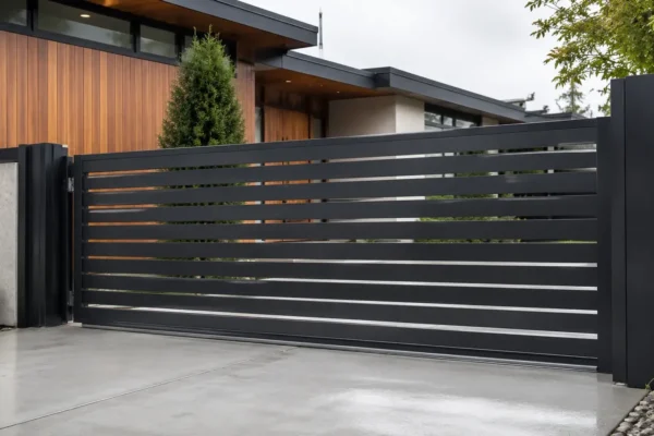 Horizontal slat driveway gate design TM-GA-115. Horizontal slats with generous gaps between.