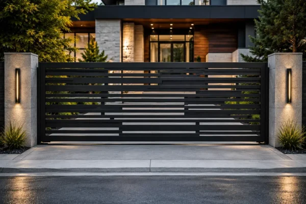 Horizontal slat driveway gate design TM-GA-116. Horizontal bars in staggered widths.